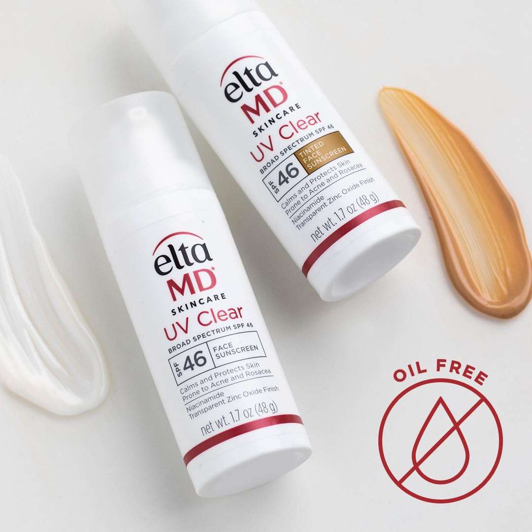 Bottle of EltaMD UV Clear tinted sunscreen used as a makeup base for a smooth look.