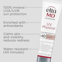 EltaMD UV Physical Rosy Tint bottle back highlights ingredients and SPF details.