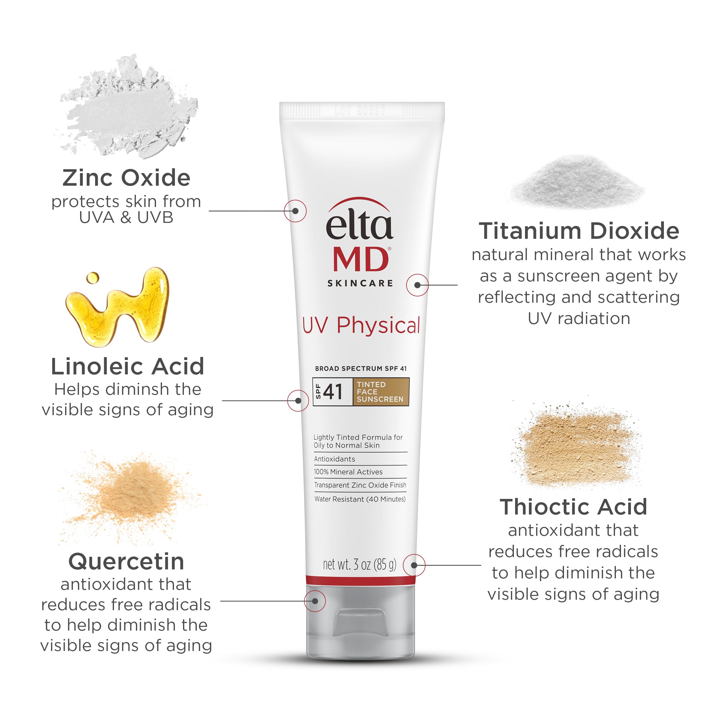 EltaMD UV Physical tinted sunscreen packaging highlights compact travel size.