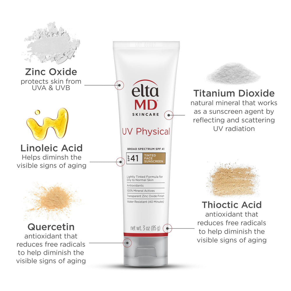 EltaMD UV Physical tinted sunscreen packaging highlights compact travel size.