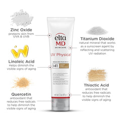 EltaMD UV Physical tinted sunscreen packaging highlights compact travel size.