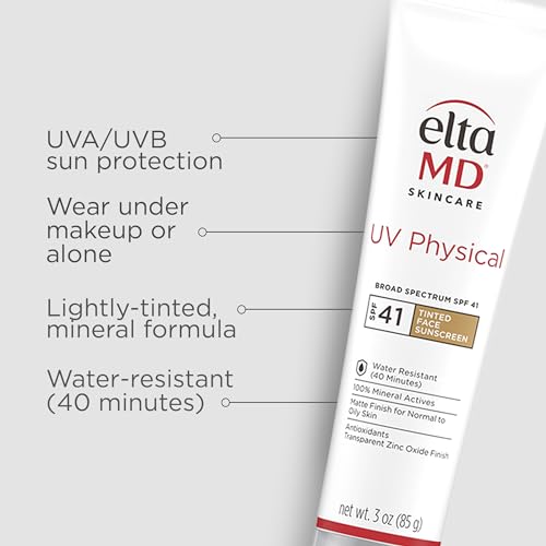 EltaMD UV Physical tinted sunscreen swatch on skin showing a natural tint.