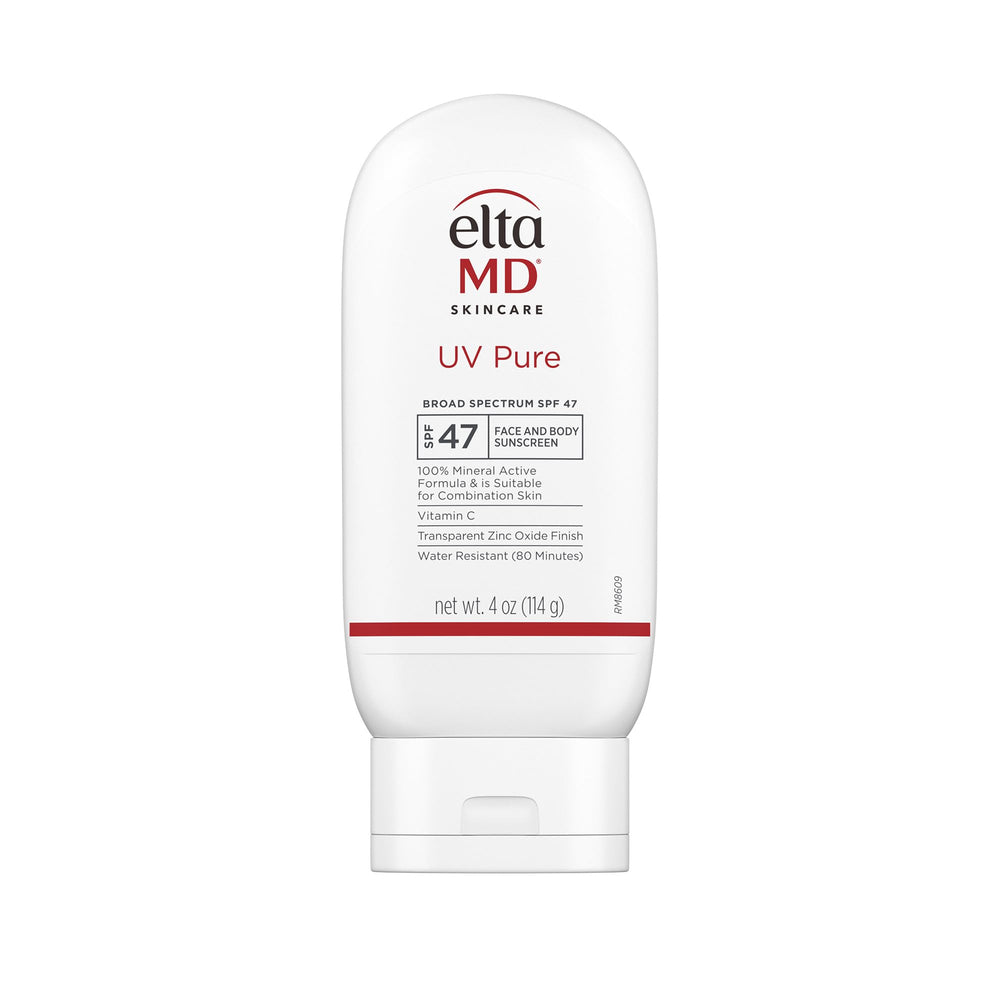 EltaMD UV Pure sunscreen bottle front view, mineral protection for all-day outdoor activities.
