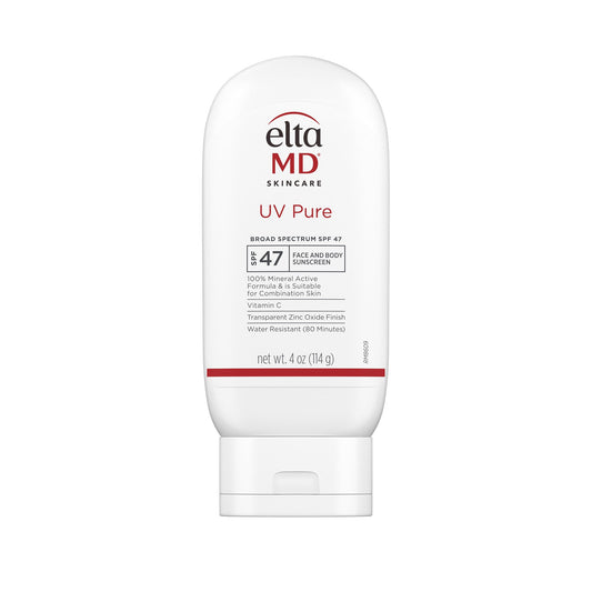 EltaMD UV Pure sunscreen bottle front view, mineral protection for all-day outdoor activities.