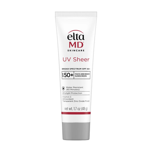 EltaMD UV Sheer bottle front view with SPF 50+ protection in a travel-friendly tube.