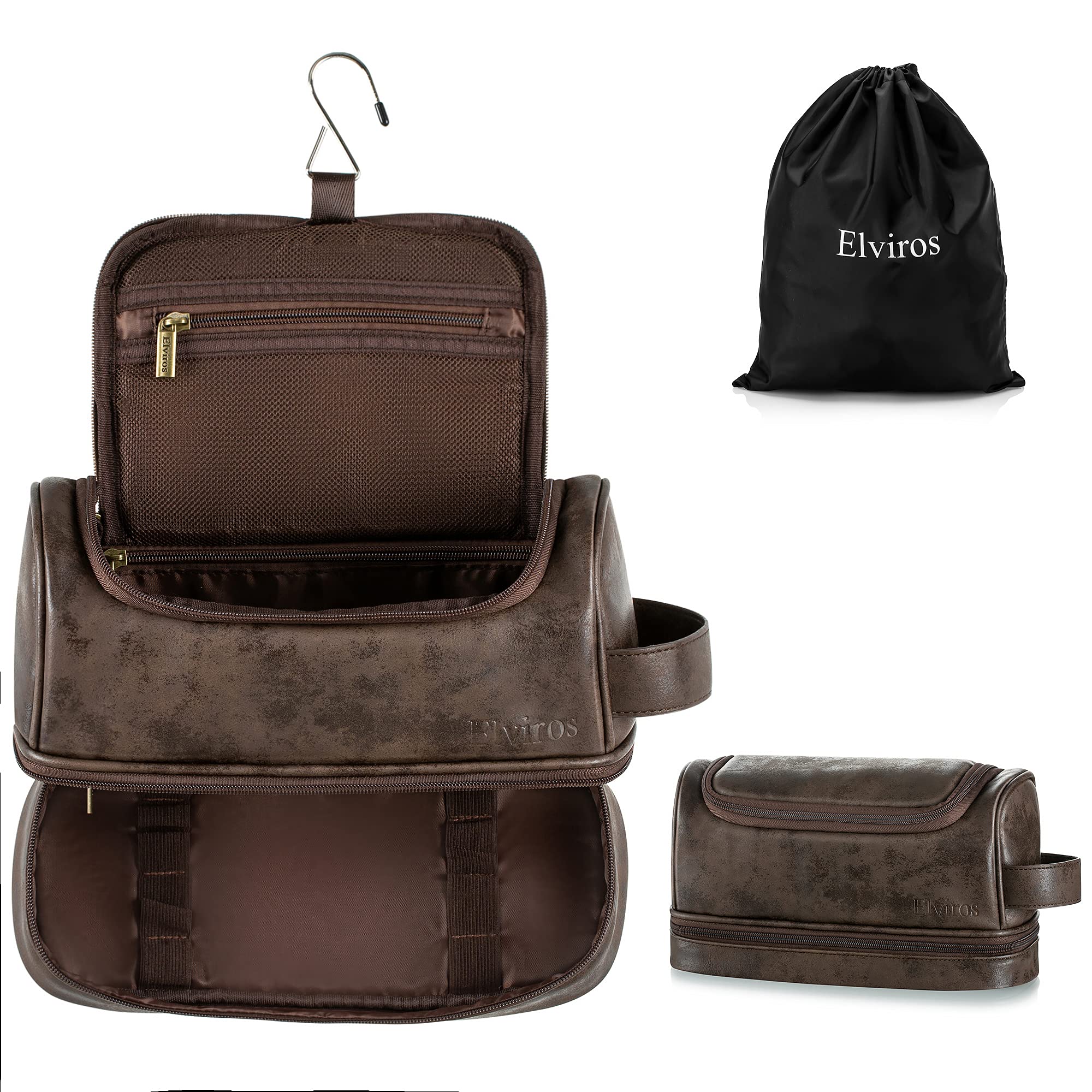 Elviros toiletry bag exterior in coffee PU leather, durable and neatly organized for travel.
