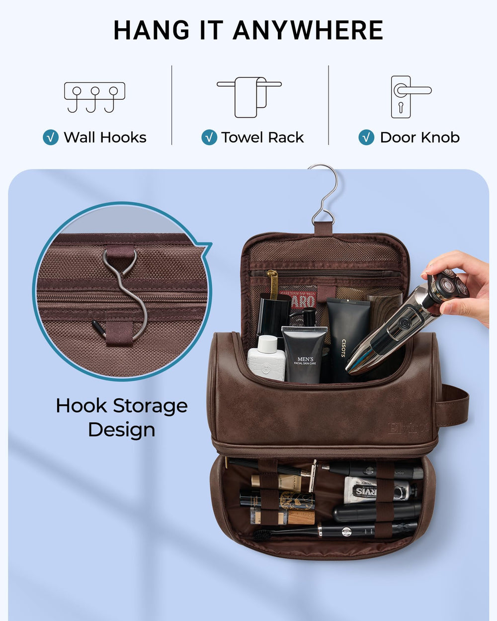 Elviros swivel hanging hook offers flexible storage options in luggage or hotel rooms.