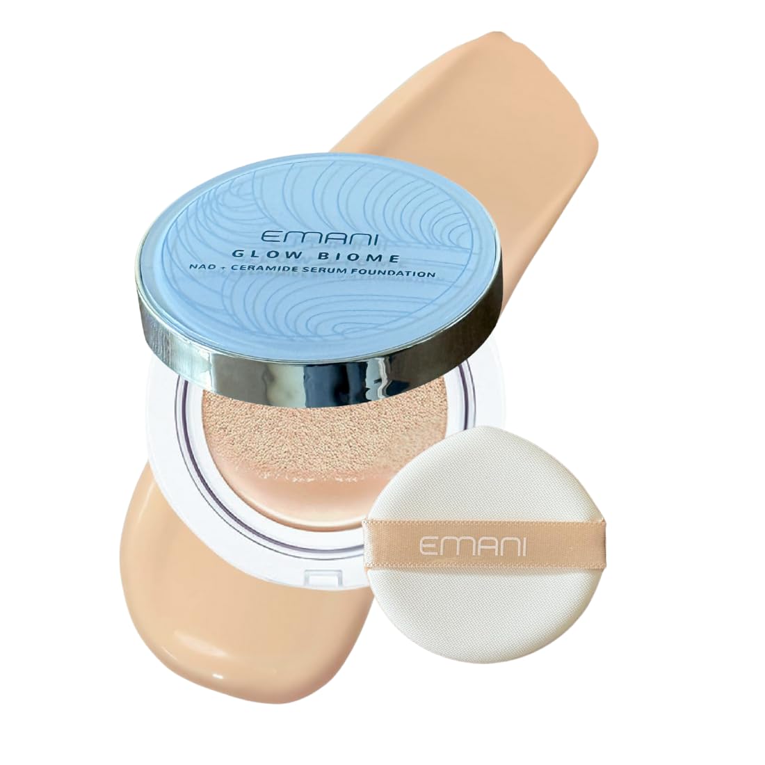 Emani Glow Biome NAD+ Serum Foundation compact with refillable design reduces waste.