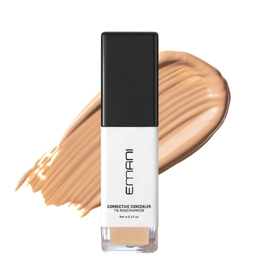Emani HD Corrective Liquid Concealer Medium packaging shows vegan, cruelty-free formula for daily use.