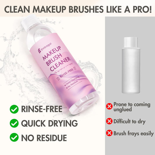 Embagol makeup brush cleaner rinse-free application keeps brushes ready fast.