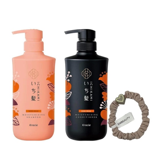 EMBEAUTY Ichikami moisturizing shampoo bottle pours to cleanse and soften hair.