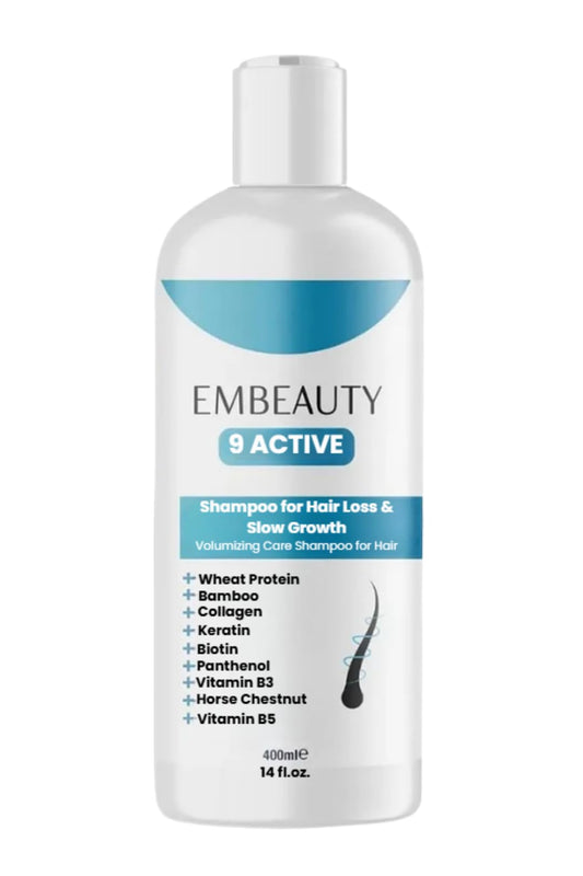 Embeauty collagen keratin shampoo bottle promotes stronger, healthier-looking hair.