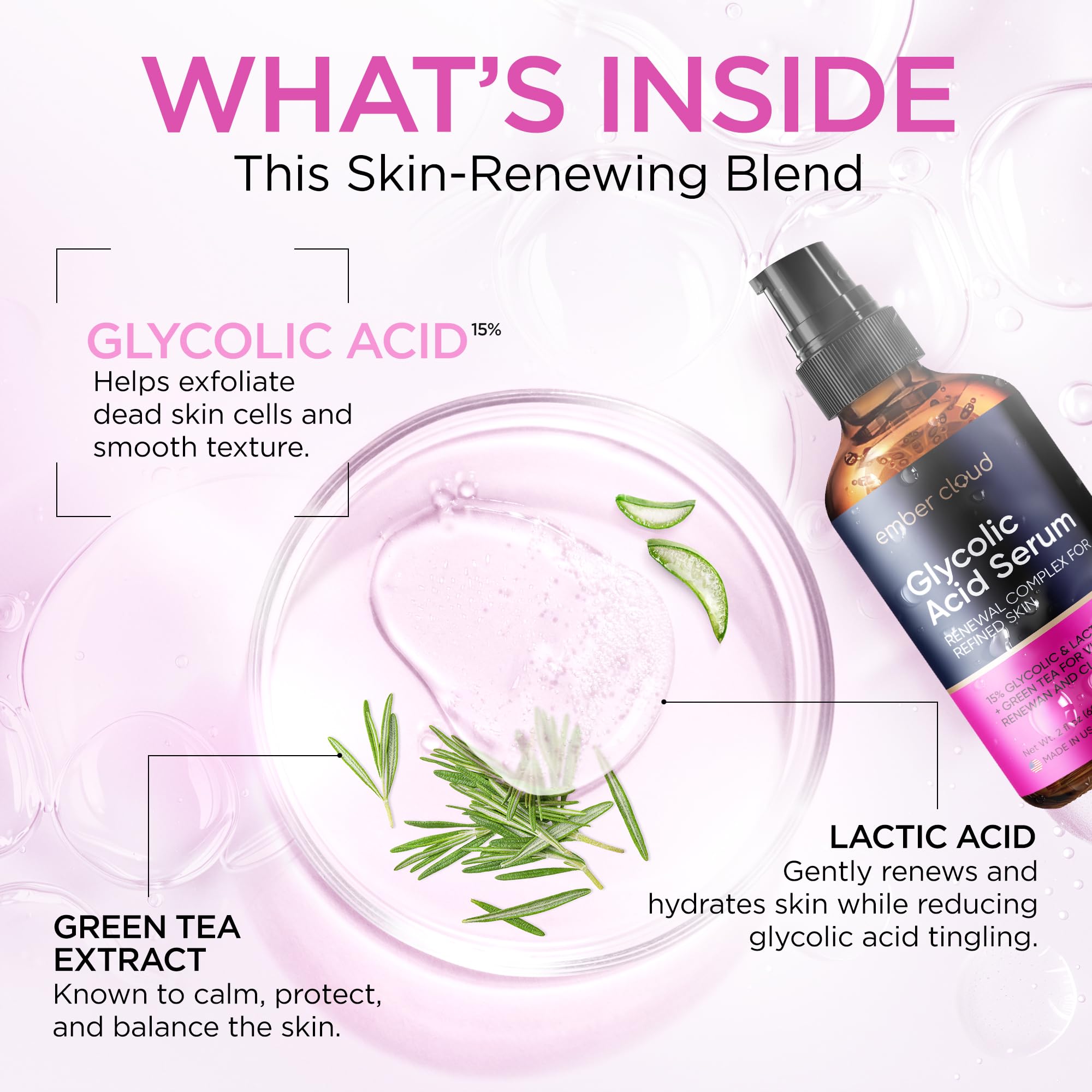 Ember Cloud Glycolic Serum applied to cheek for even tone appearance.