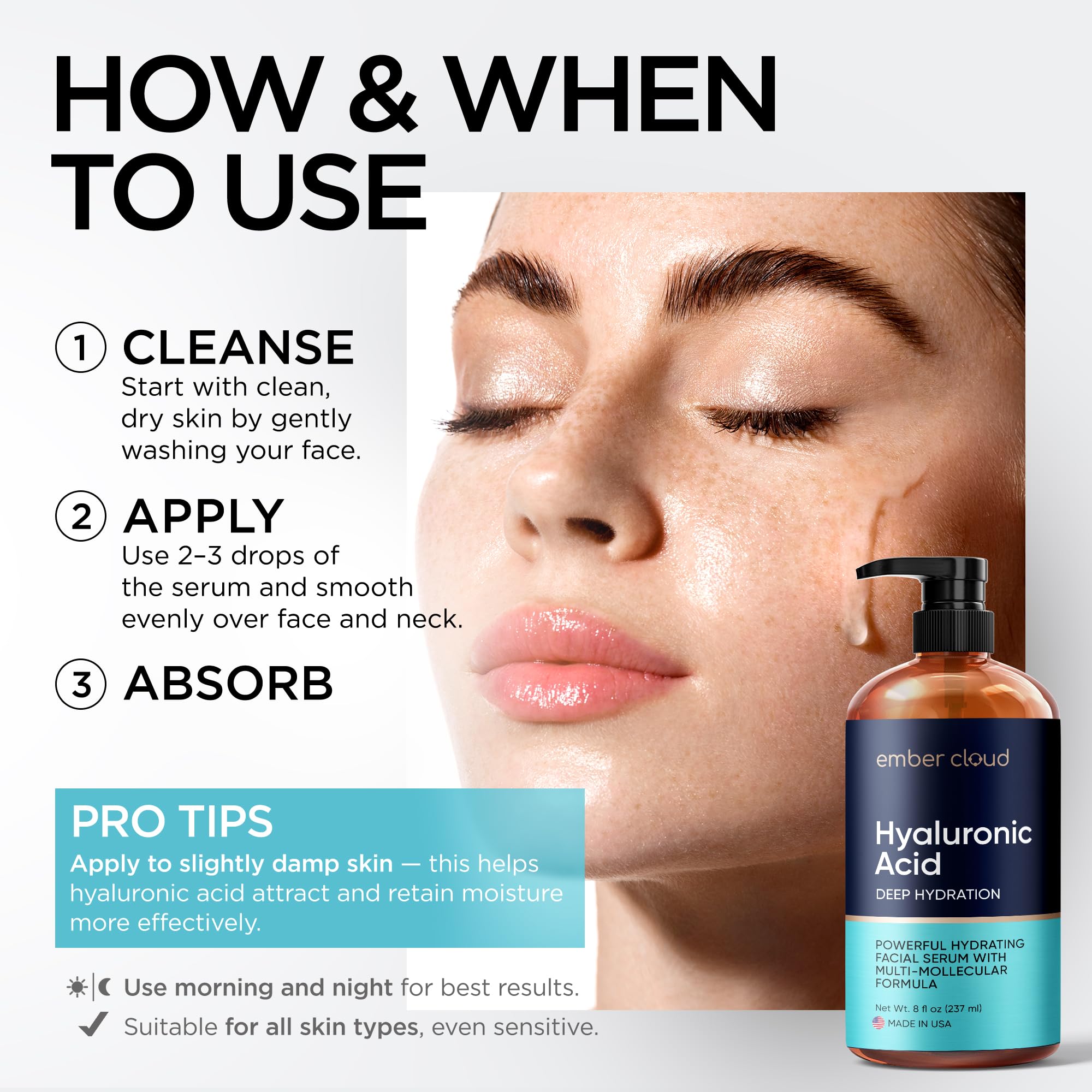 Squeeze and evenly distribute serum on face and lips for hydration