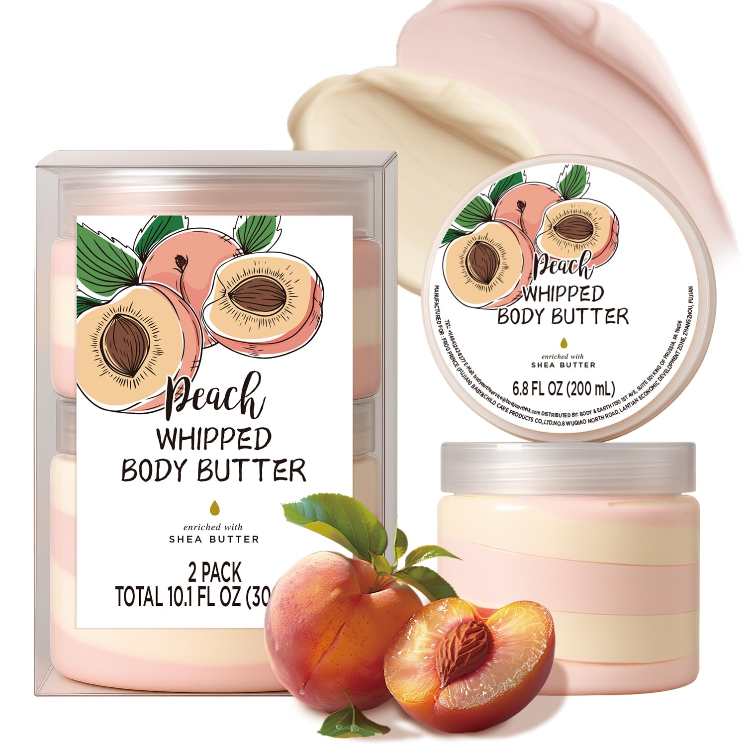 Embleaf Peach Whipped Body Butter bottle pour, showing rich texture for deep hydration.