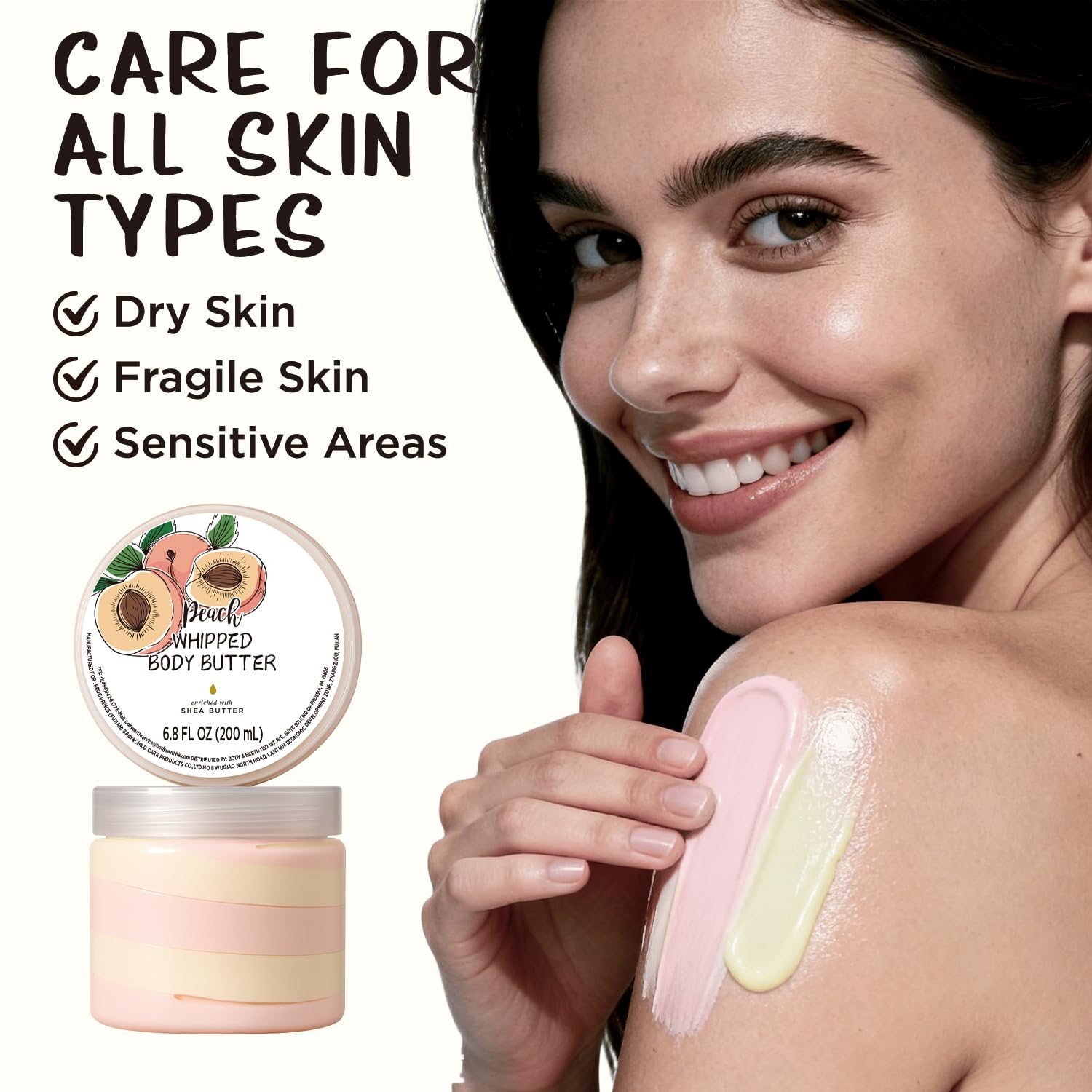 Embleaf Peach Whipped Body Butter fast-absorbing texture leaves skin non-greasy.