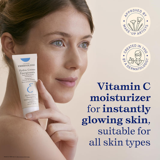 Label close-up of Embryolisse Vitamin C Energizing Moisturizer highlighting antioxidants and daily glow.