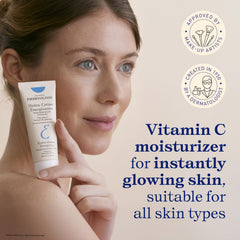 Label close-up of Embryolisse Vitamin C Energizing Moisturizer highlighting antioxidants and daily glow.