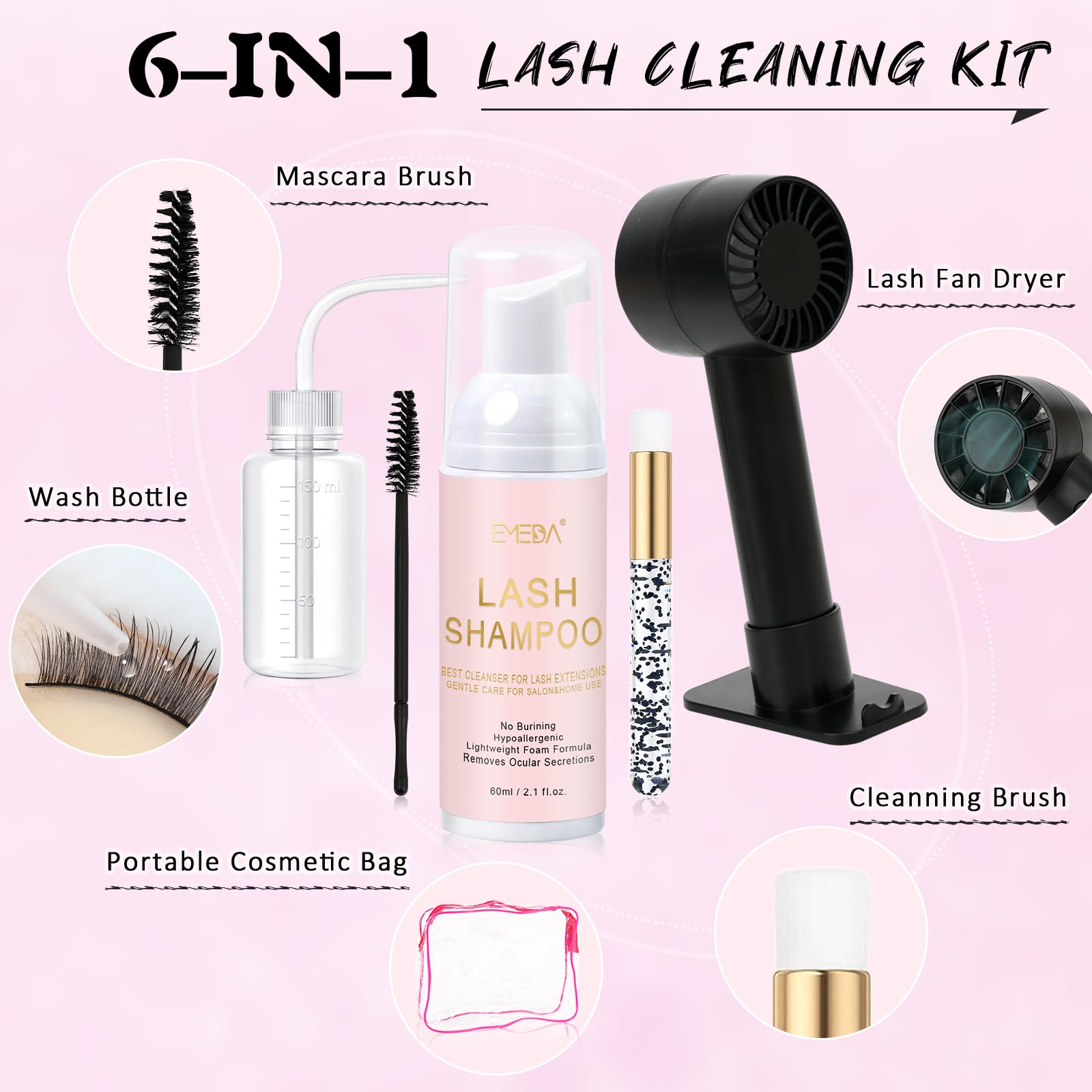 EMEDA lash shampoo 60ml bottle with gentle, hypoallergenic formula.