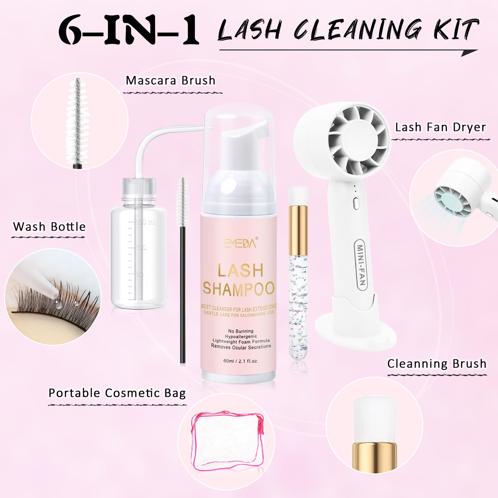 EMEDA lash shampoo gentle cleanser promotes comfortable, hypoallergenic cleaning.