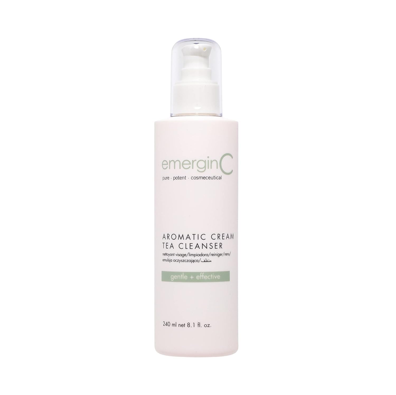 emergen C aromatic cream tea cleanser bottle side view for gentle makeup removal.