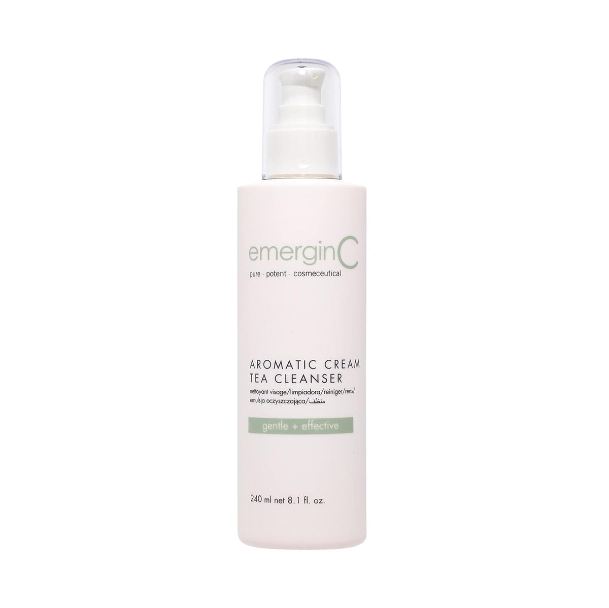 emergen C aromatic cream tea cleanser bottle side view for gentle makeup removal.