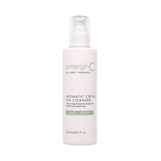 emergen C aromatic cream tea cleanser bottle side view for gentle makeup removal.