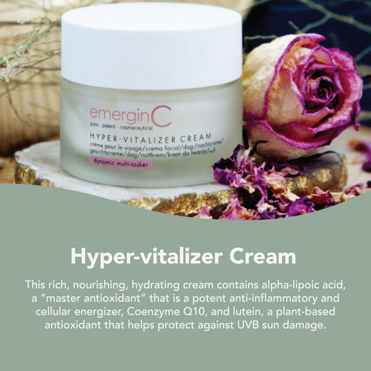 emergin-c Hyper-Vitalizer Cream jar closeup highlights rich texture smoothing fine lines.