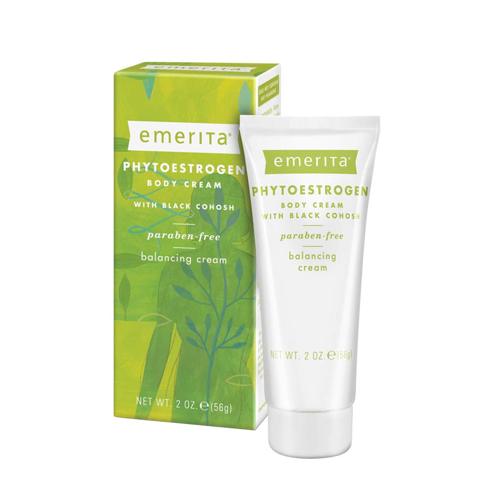 Emerita phytoestrogen body cream in a 2 oz bottle showing its silky texture and daily use