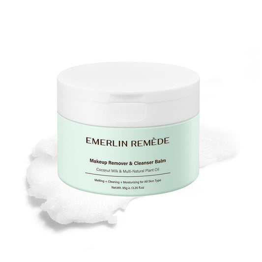 Emerlin Remède makeup remover balm with coconut milk melts waterproof makeup for gentle cleansing.