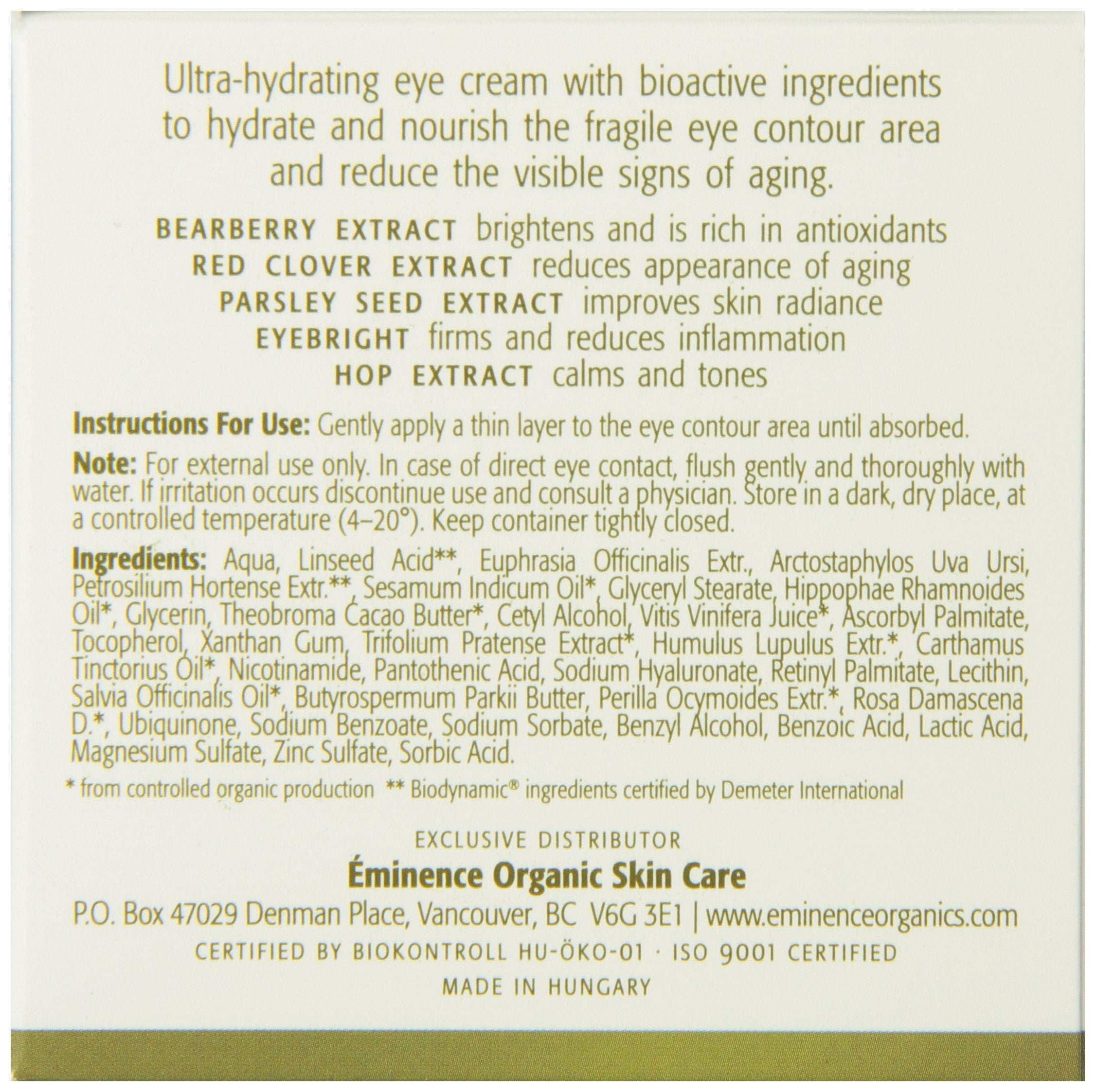 Bearberry extract on Eminence Eye Repair Cream label signals brightening antioxidant benefits