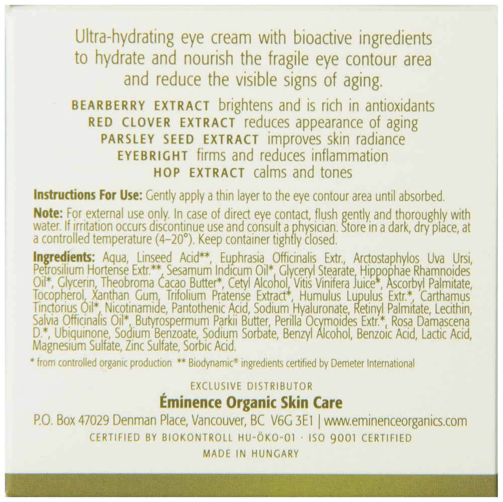 Bearberry extract on Eminence Eye Repair Cream label signals brightening antioxidant benefits