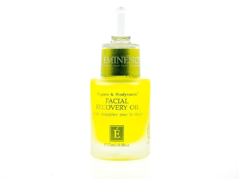 The Eminence Biodynamic Facial Recovery Oil bottle close-up showing deep hydration potential.