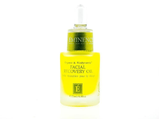 The Eminence Biodynamic Facial Recovery Oil bottle close-up showing deep hydration potential.