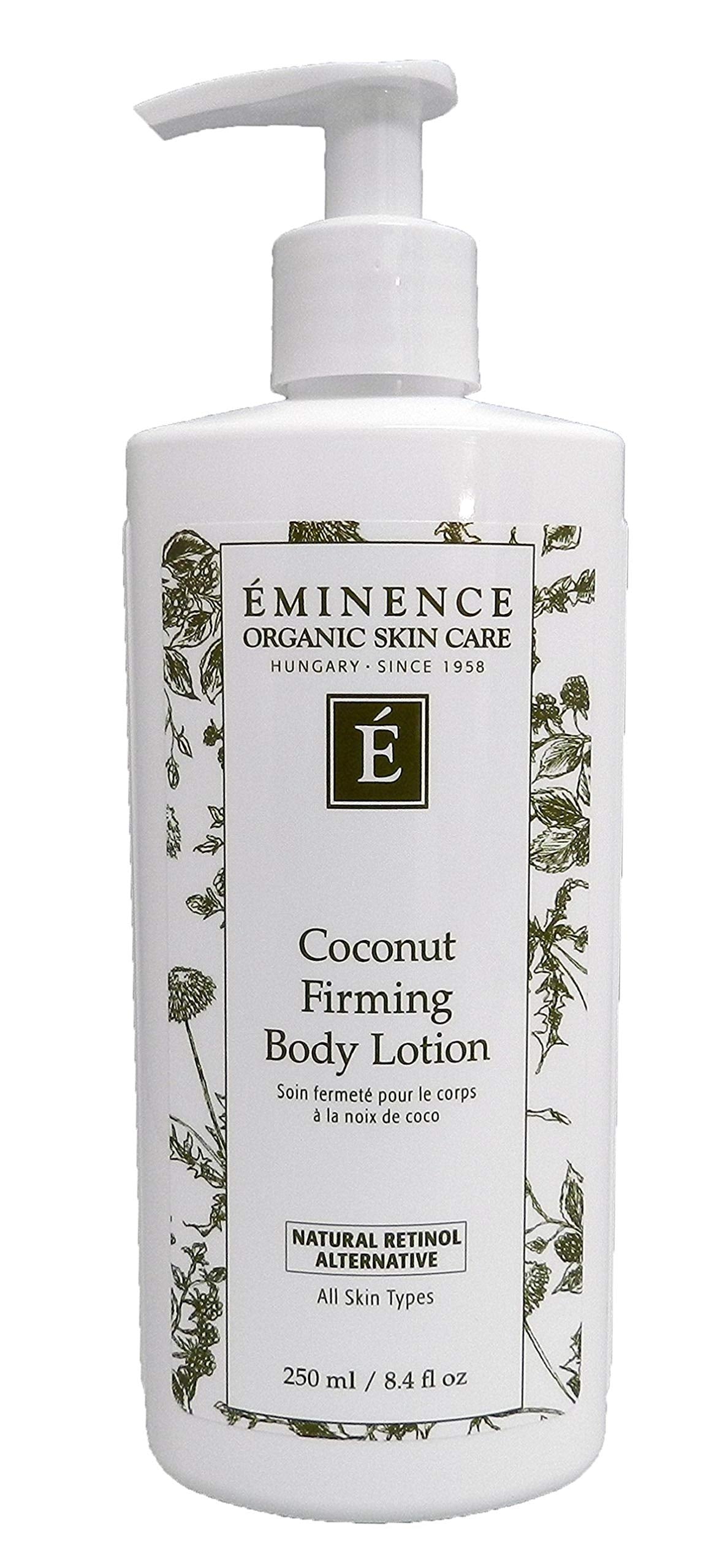 Eminence Coconut Firming Body Lotion bottle close-up showcasing vegan formula for daily hydration