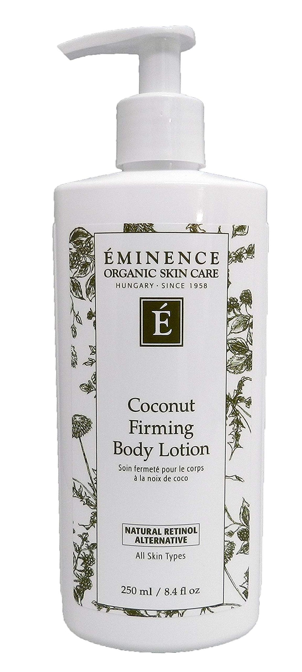 Eminence Coconut Firming Body Lotion bottle close-up showcasing vegan formula for daily hydration