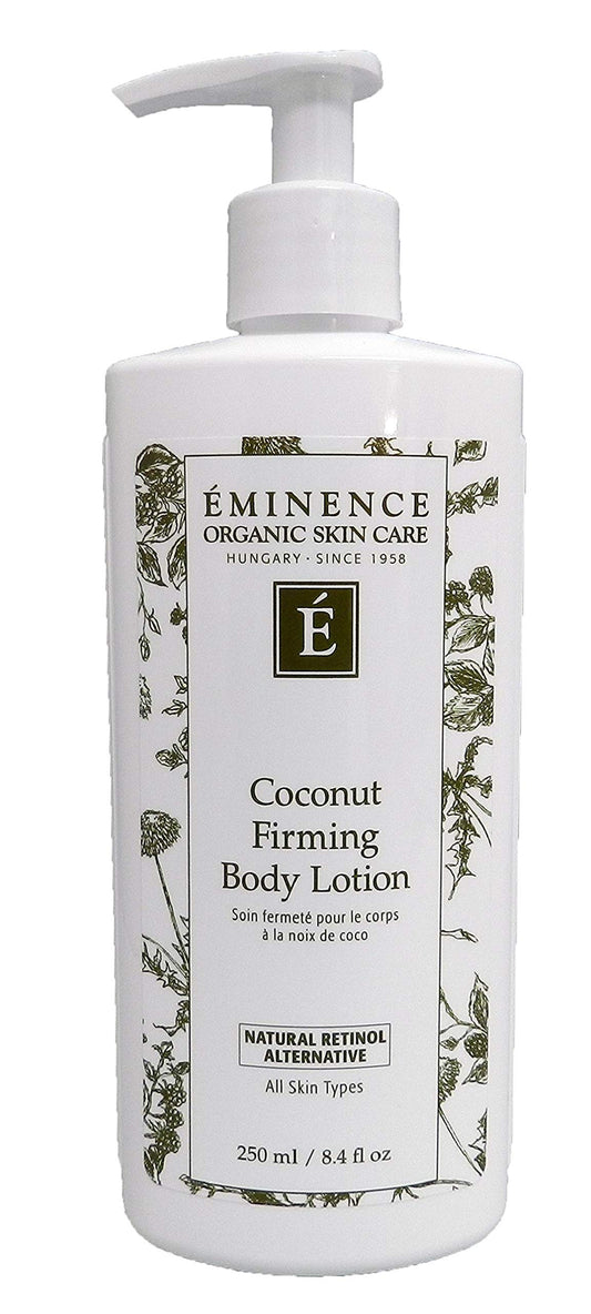 Eminence Coconut Firming Body Lotion bottle close-up showcasing vegan formula for daily hydration