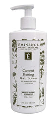 Eminence Coconut Firming Body Lotion bottle close-up showcasing vegan formula for daily hydration