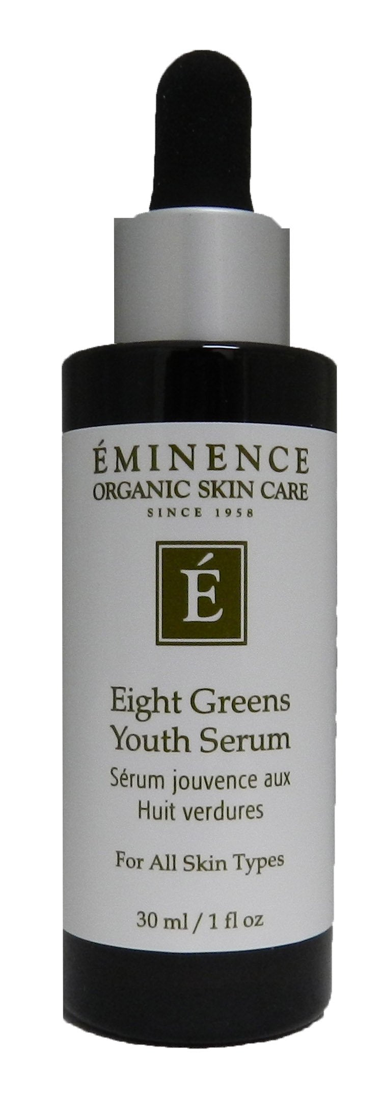 Eminence Eight Greens Youth Serum bottle showing antioxidant-rich formula for radiant skin.