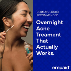 Close-up of EMUAID tube dispensing acne treatment for easy nightly application