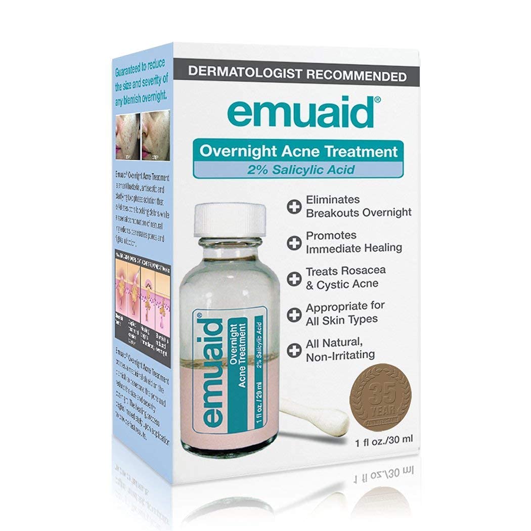 EMUAID Overnight Acne Treatment packaging shown on a surface for nightly use