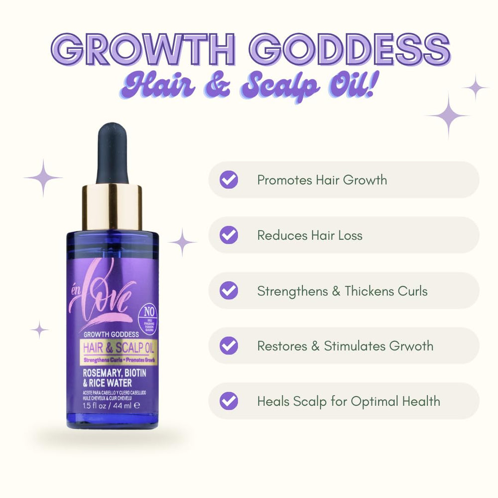 Close-up of én Love Growth Goddess Oil label showing premium ingredients and design.