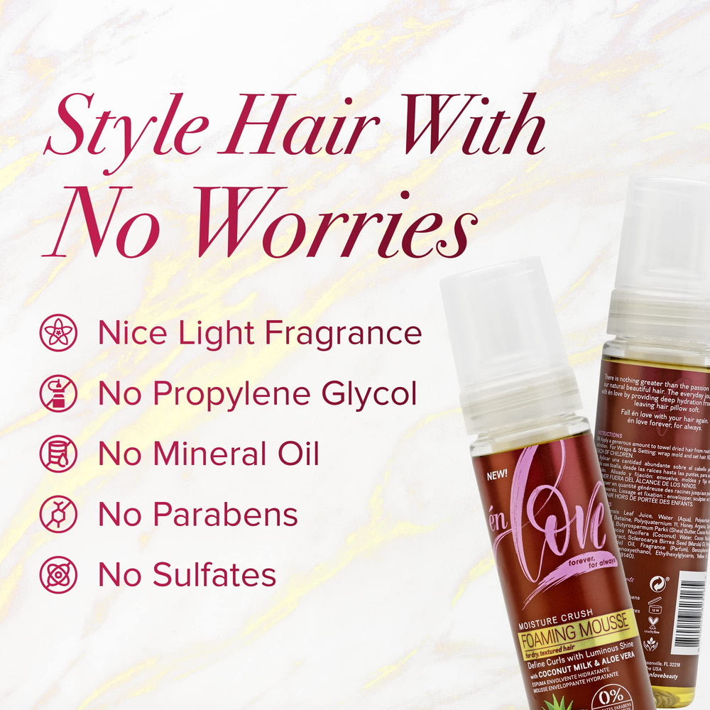 én Love Moisture Crush Foaming Mousse adds natural shine to moisturized curls