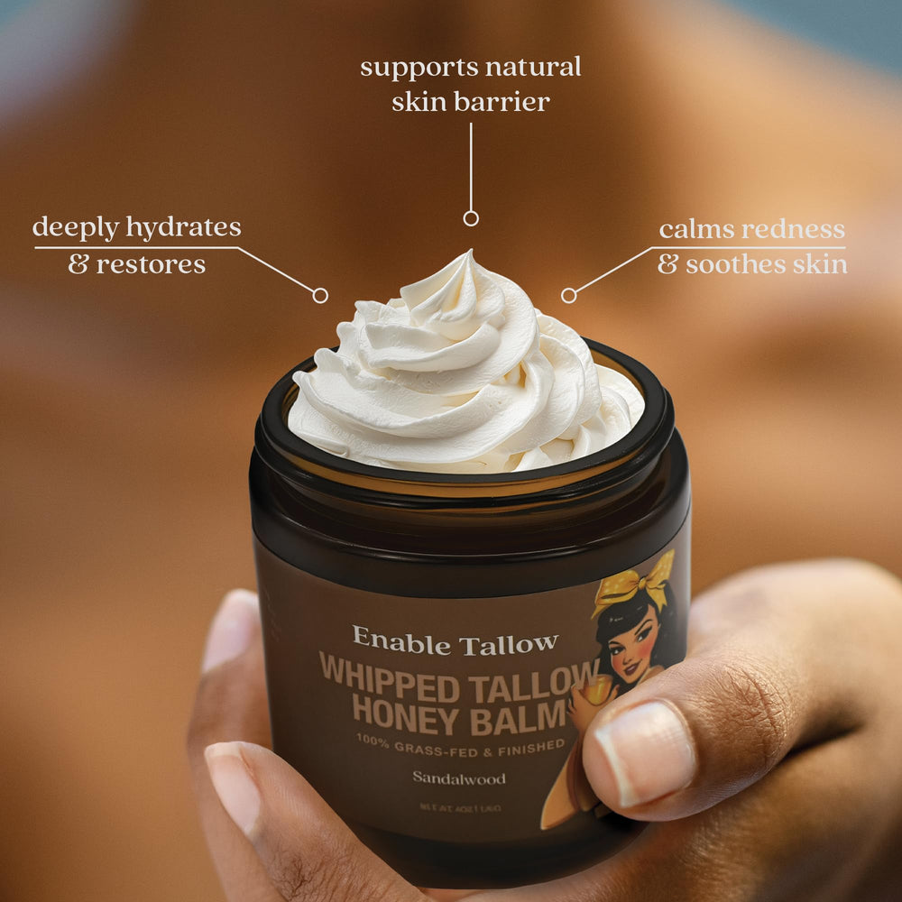 Enable Tallow Manuka honey ingredient jar highlights natural nourishing properties.
