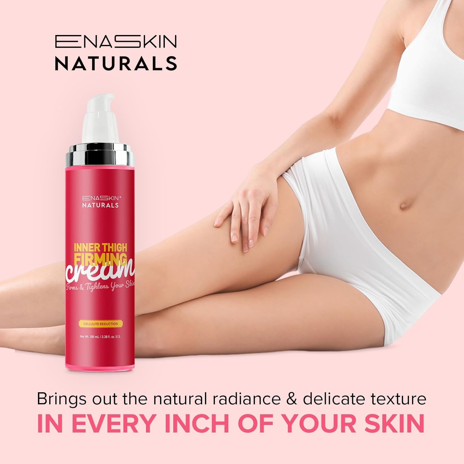 Enaskin Naturals anti-cellulite cream on leg demonstrates firming potential and hydration.