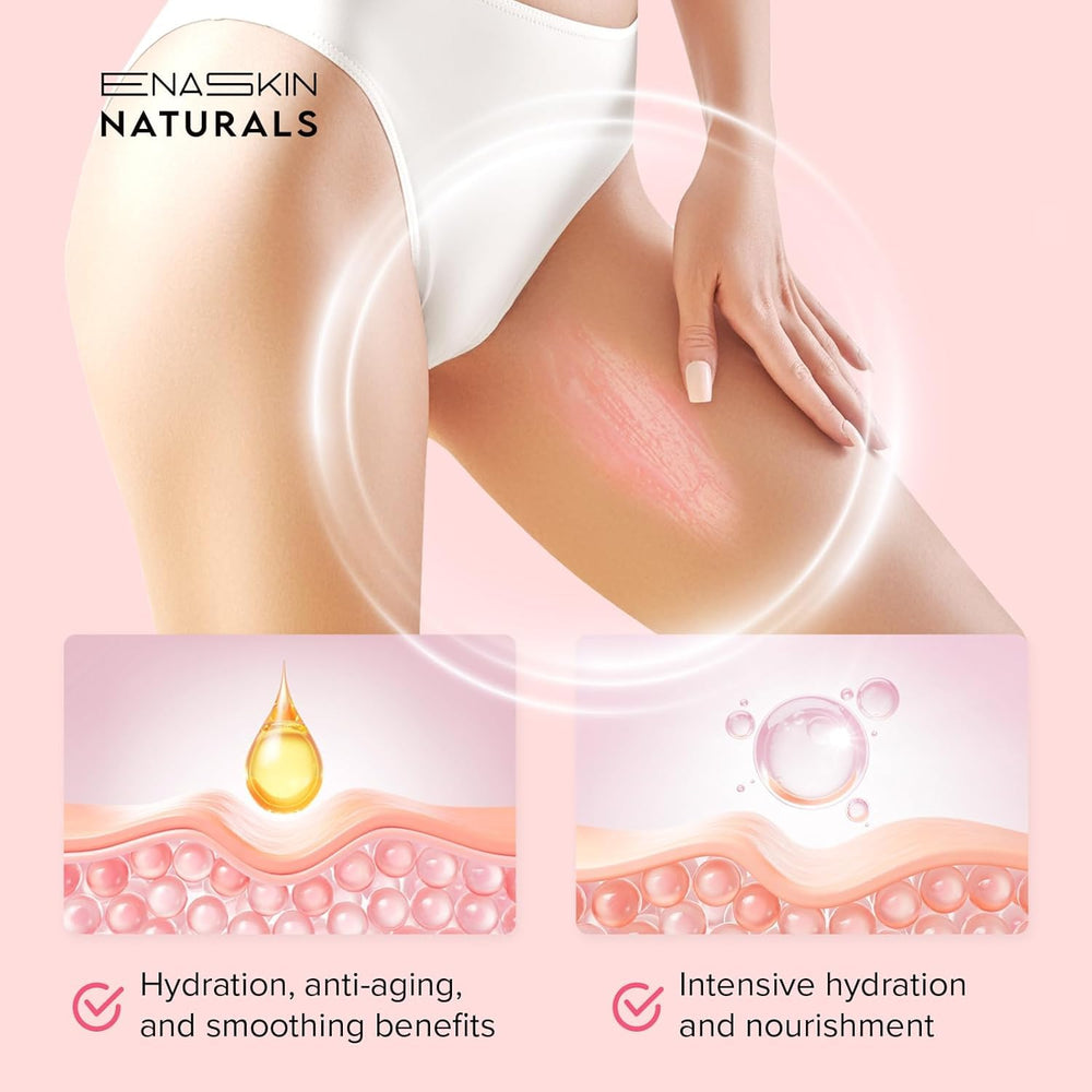 Enaskin Naturals anti-cellulite cream texture spread on skin shows even, non-greasy hydration.