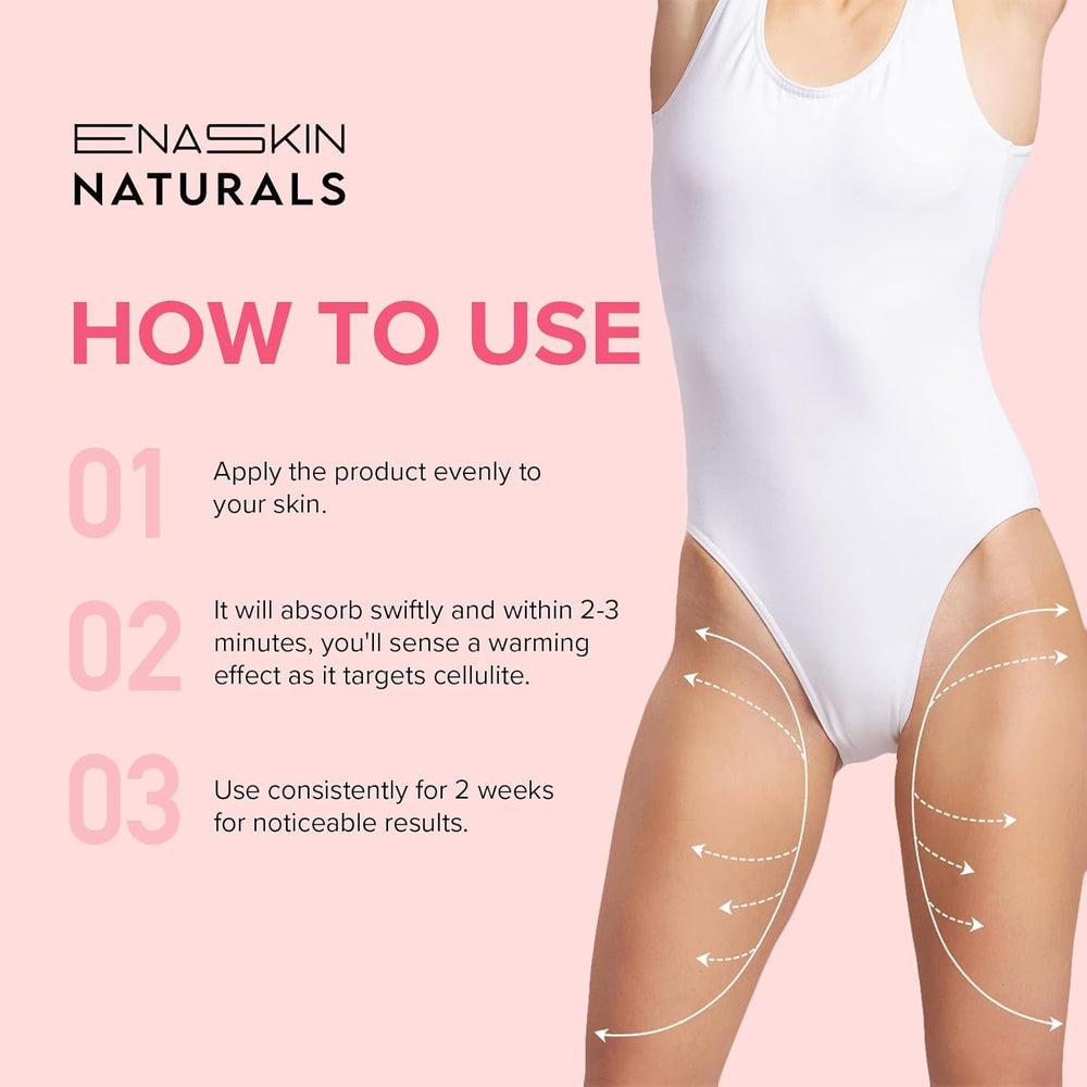 Enaskin Naturals warming 3D firming cream applied on thigh area, gentle heat.