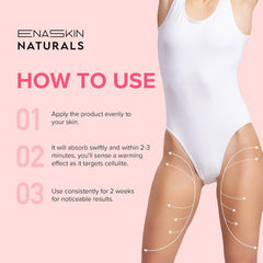Enaskin Naturals warming 3D firming cream applied on thigh area, gentle heat.