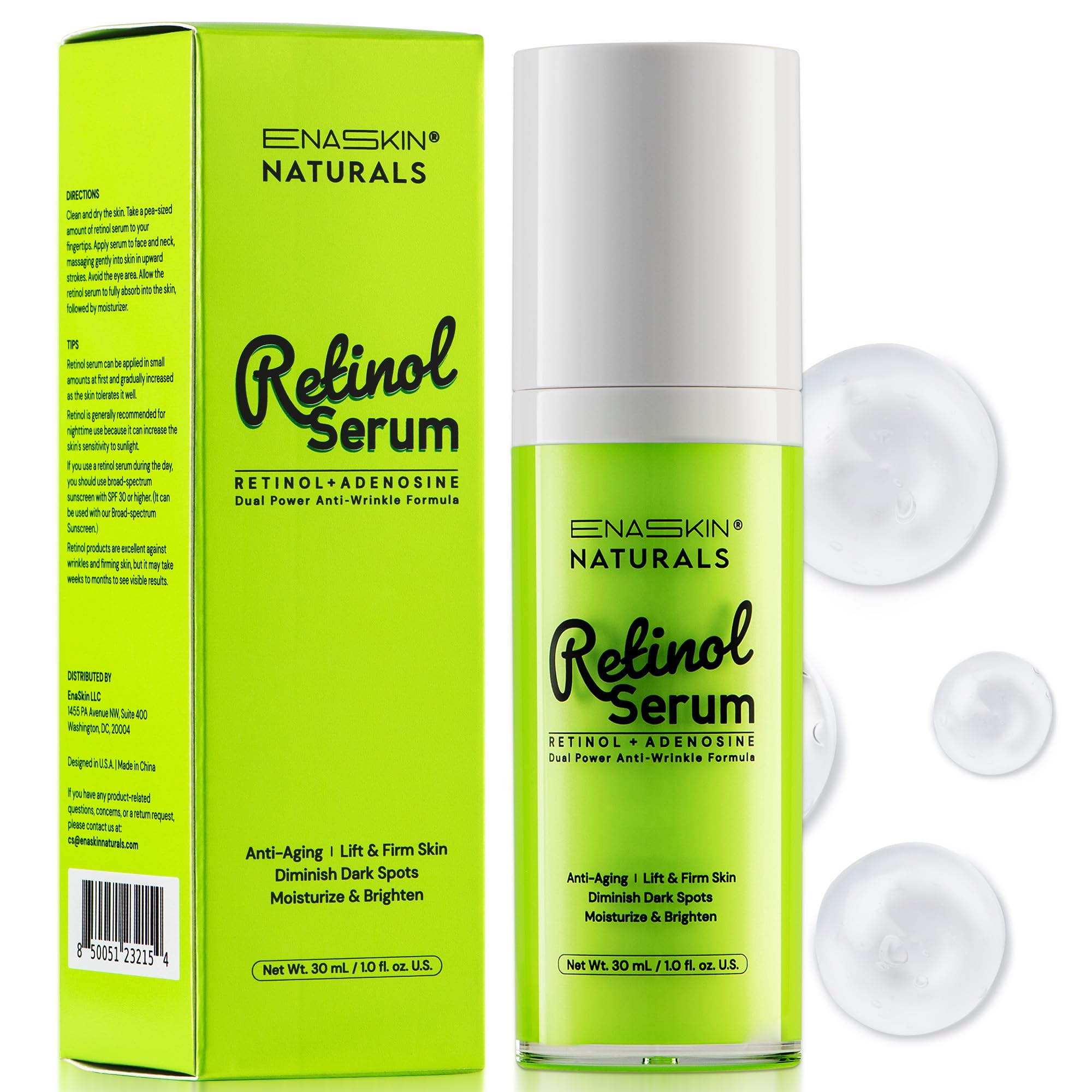 Enaskin Naturals anti-wrinkle serum bottle showcases a silky, hydrating formula.