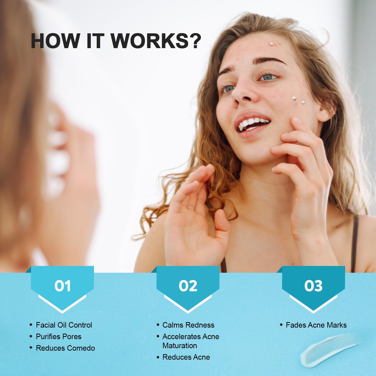 Product used on face and back during daily routines for clear-looking skin.